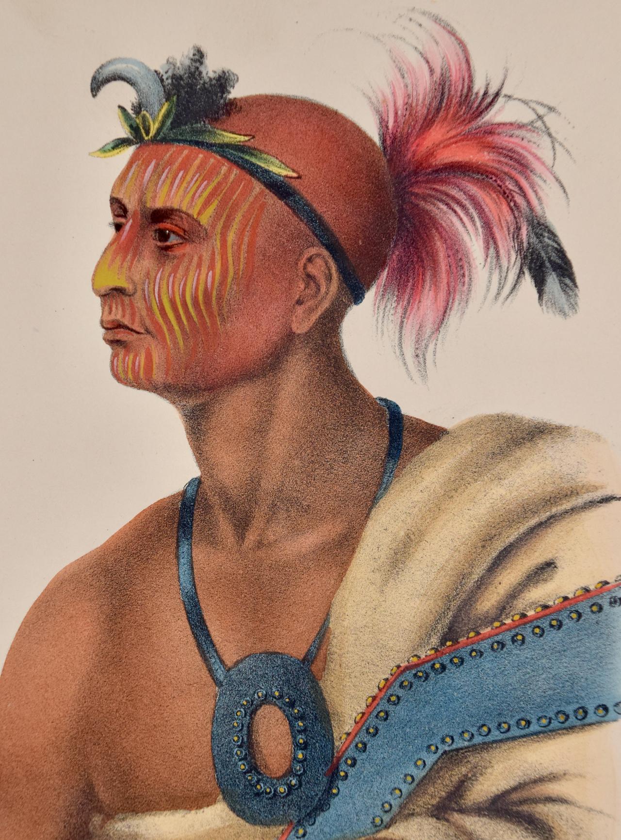 This is an original 19th century hand-colored McKenney and Hall lithograph of a Native American entitled 