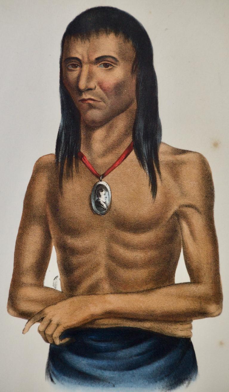 Wa-Bish-Kee-Pe-Nas, A Chippewa : lithographie originale colorée à la main par McKenney & Hall en vente 1