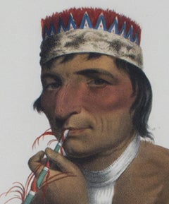 Lithographie en couleurs du 19e siècle portrait d'un homme indigène plumes signée