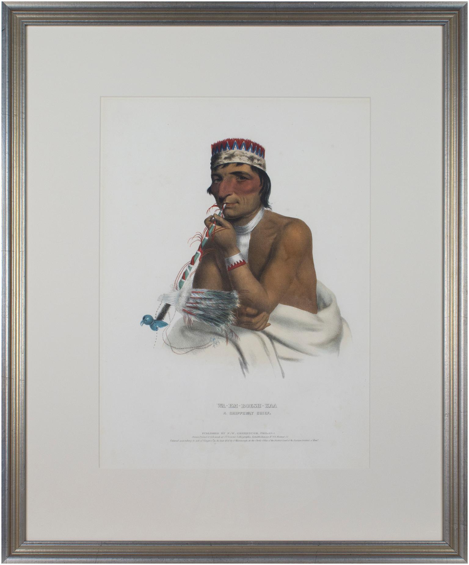 Lithographie en couleurs du 19e siècle portrait d'un homme indigène plumes signée - Gris Portrait Print par McKenney & Hall