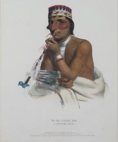 Ritratto litografico a colori del XIX secolo soggetto indigeno maschile piume firmato