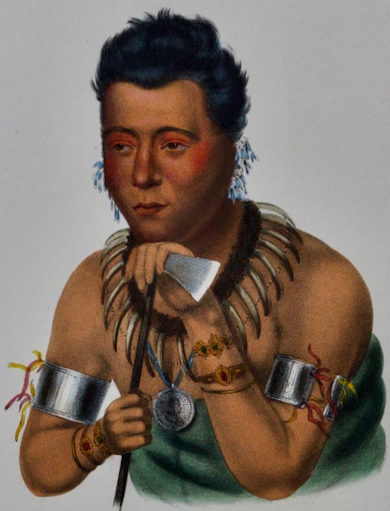 Jeune Mahaskah, un chef d'Ioway : lithographie originale colorée à la main de McKenney & Hall en vente 1