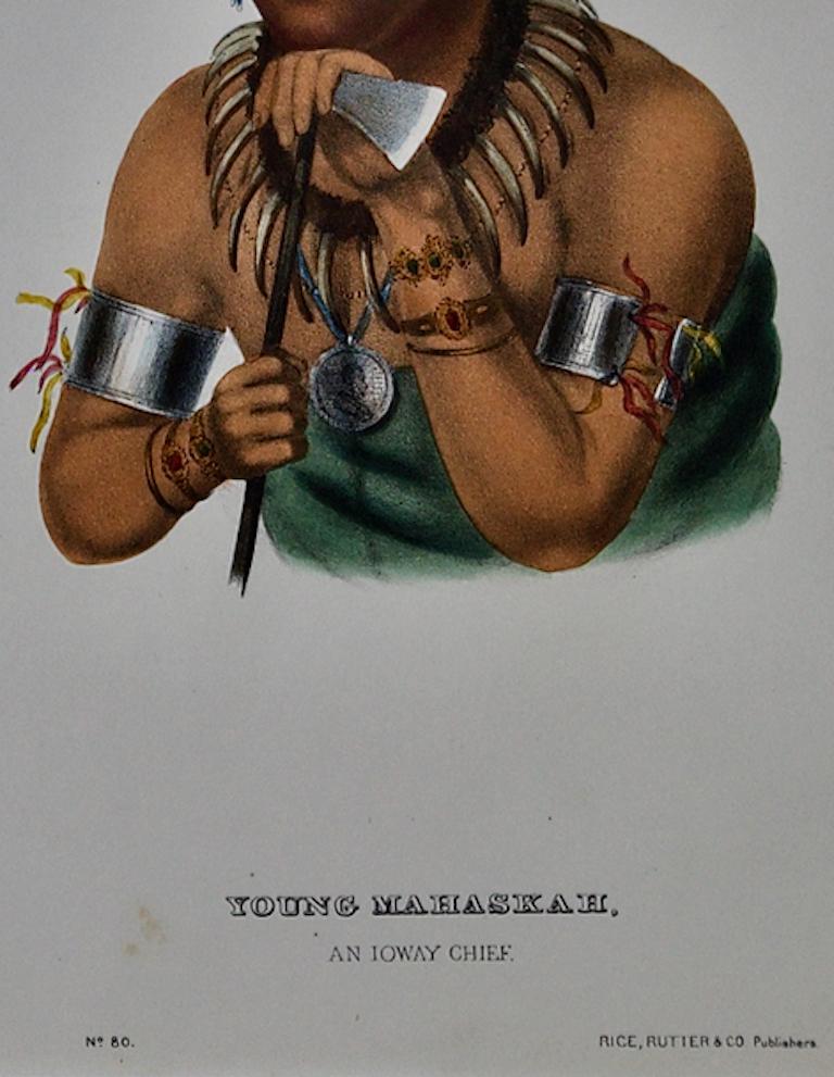 Jeune Mahaskah, un chef d'Ioway : lithographie originale colorée à la main de McKenney & Hall en vente 2