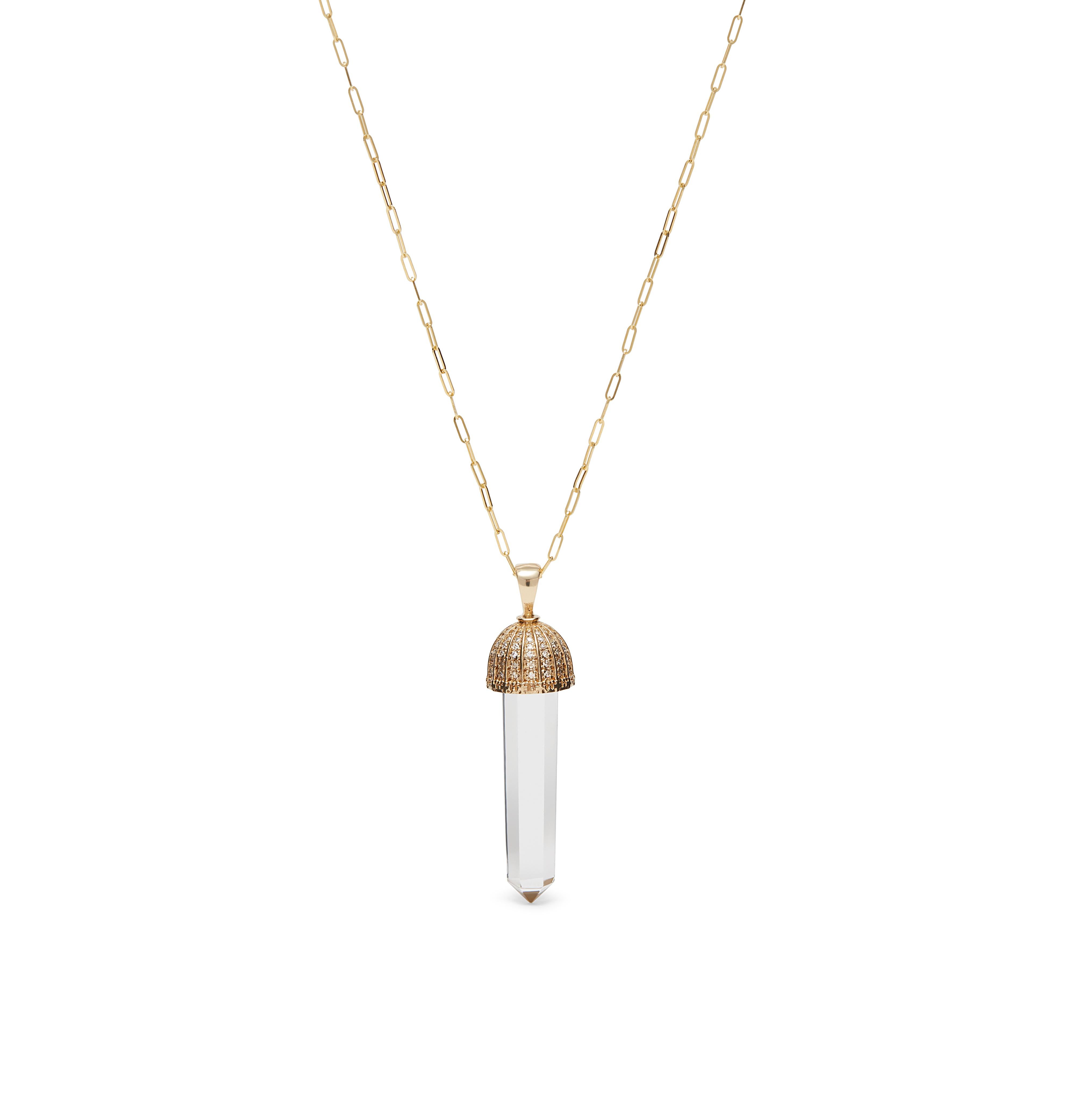 Mckenzie Liautaud 14 karat gold pave diamond Magic Cupola Crystal Necklace 
14 karat yellow gold polished paperclip necklace featured a 14 kt  yellow gold polished gold cupola pendant accented with rainbow sapphires and a 6 sided tapered rock