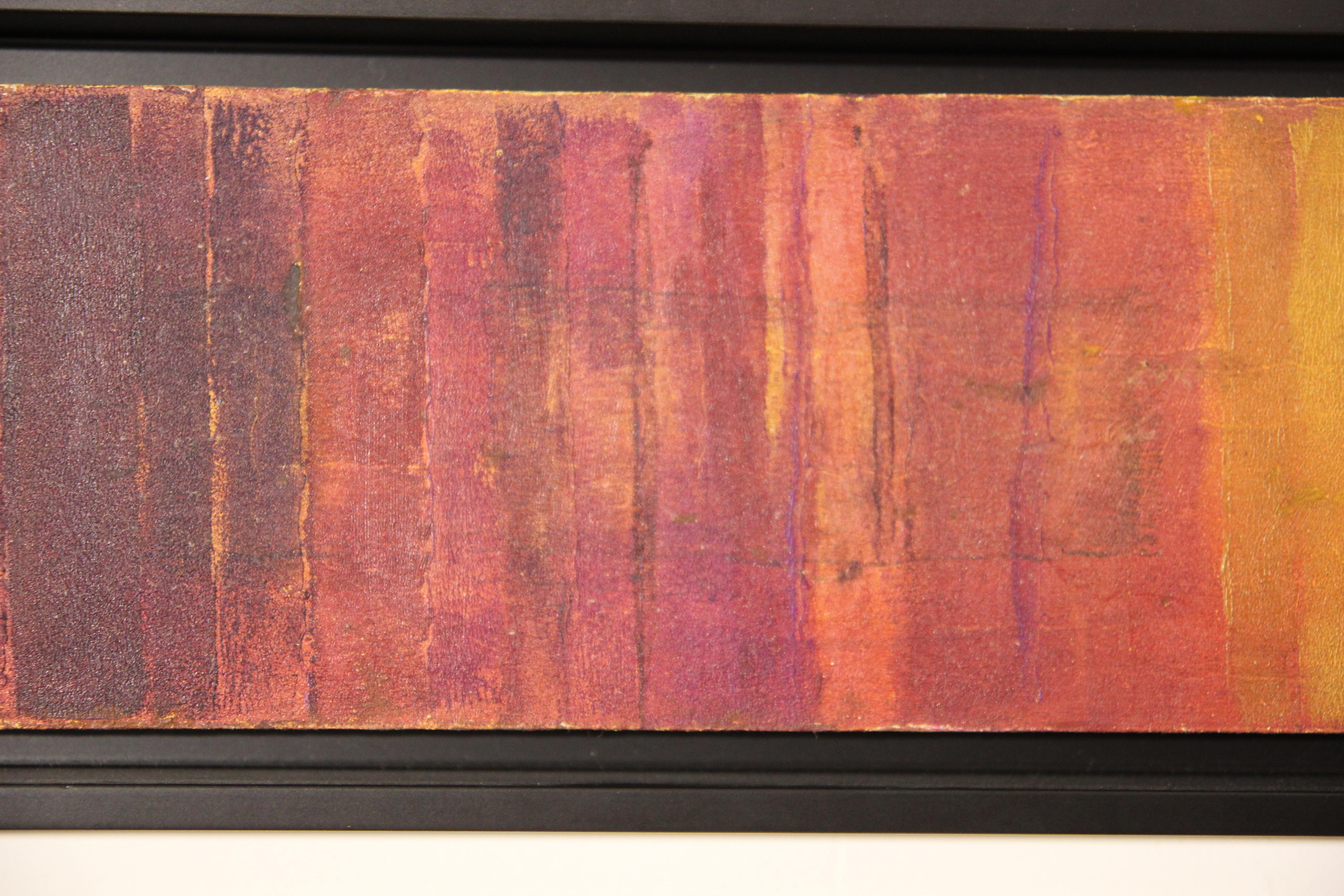 Abstract red and purple vertical striped painting titled 