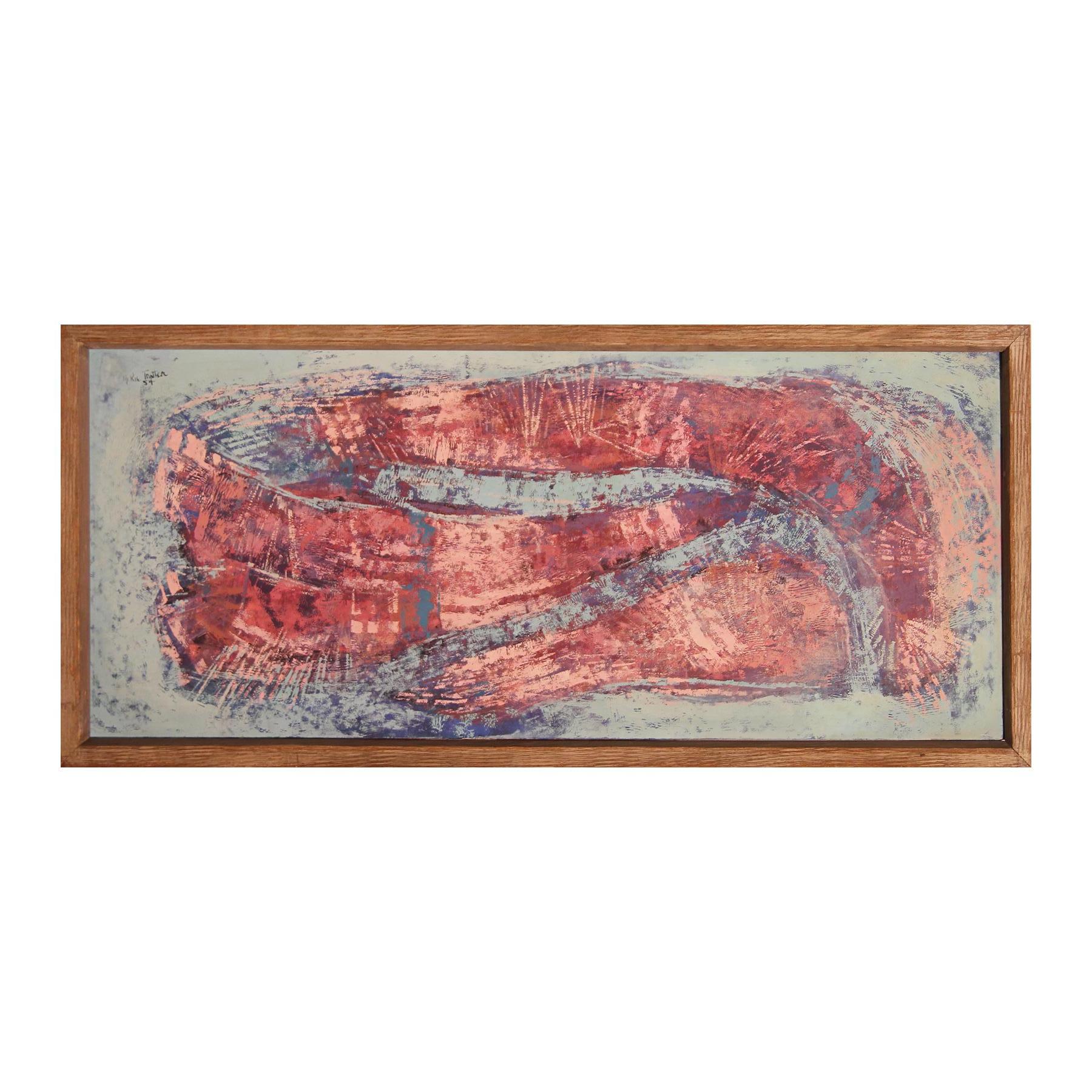 McKie Trotter Abstract Painting - "Related Fragments/Fossils" Abstract Textured Organic Blue and Pink Painting 