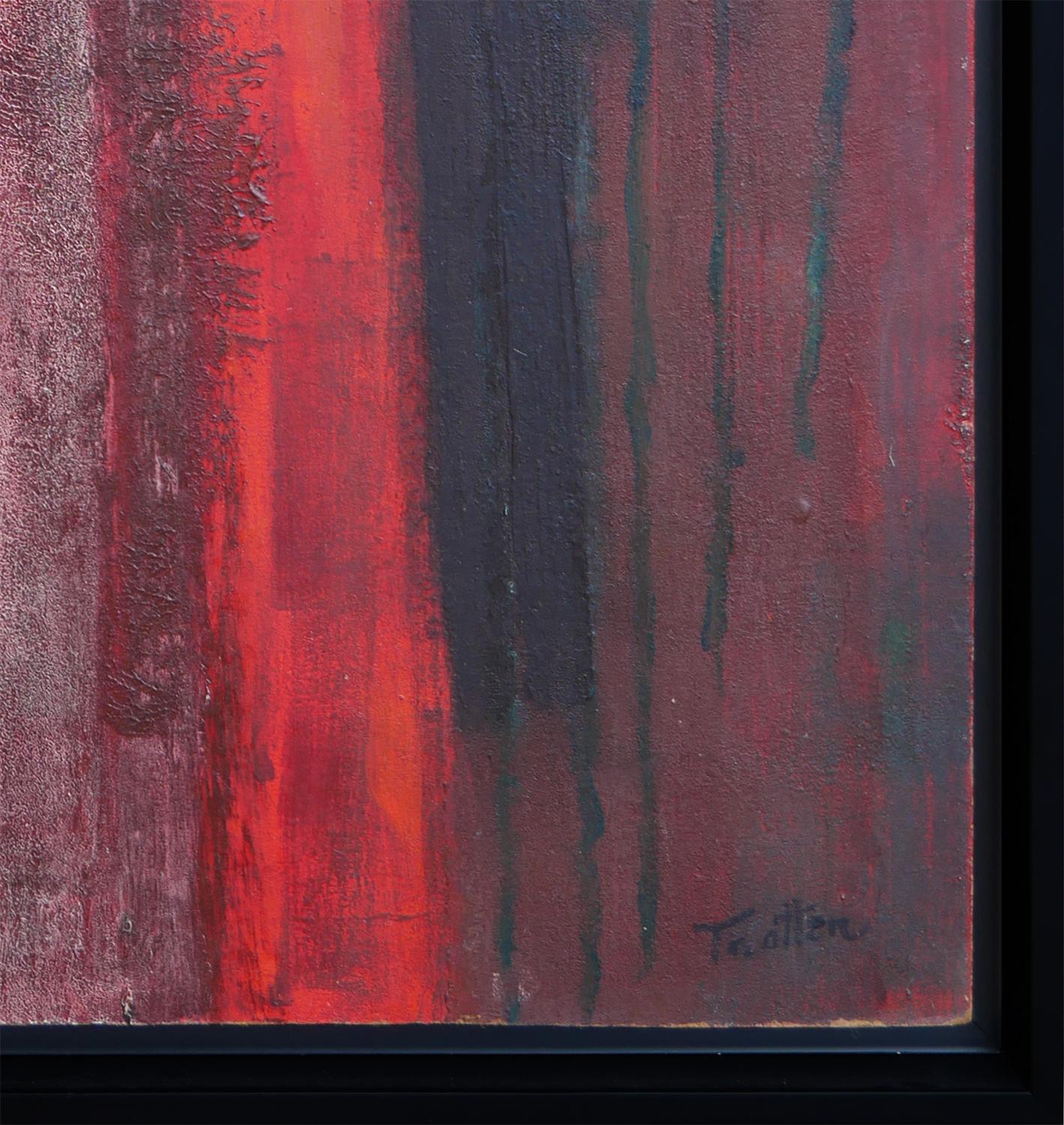Maroon, red, and orange abstract modernist painting by known Houston, TX artist McKie Trotter. This painting depicts a large maroon form with a bright pink vertical brushstroke in the middle against a warm orange background. Signed by the artist at