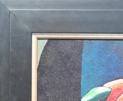 "Rose on Dark Table" Abstract Cubist Red and Blue Floral Still Life Painting