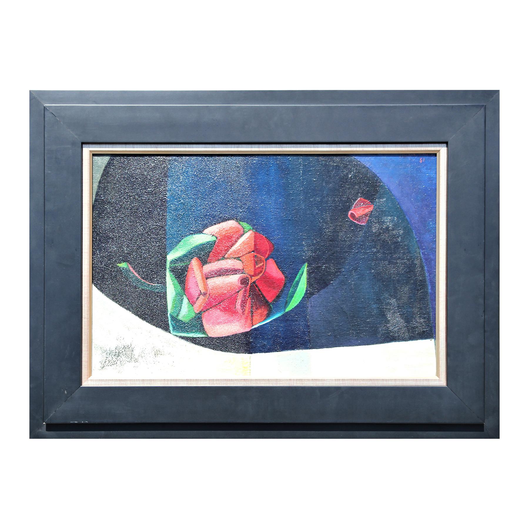 "Rose on Dark Table" Abstract Cubist Red and Blue Floral Still Life Painting - Art by McKie Trotter