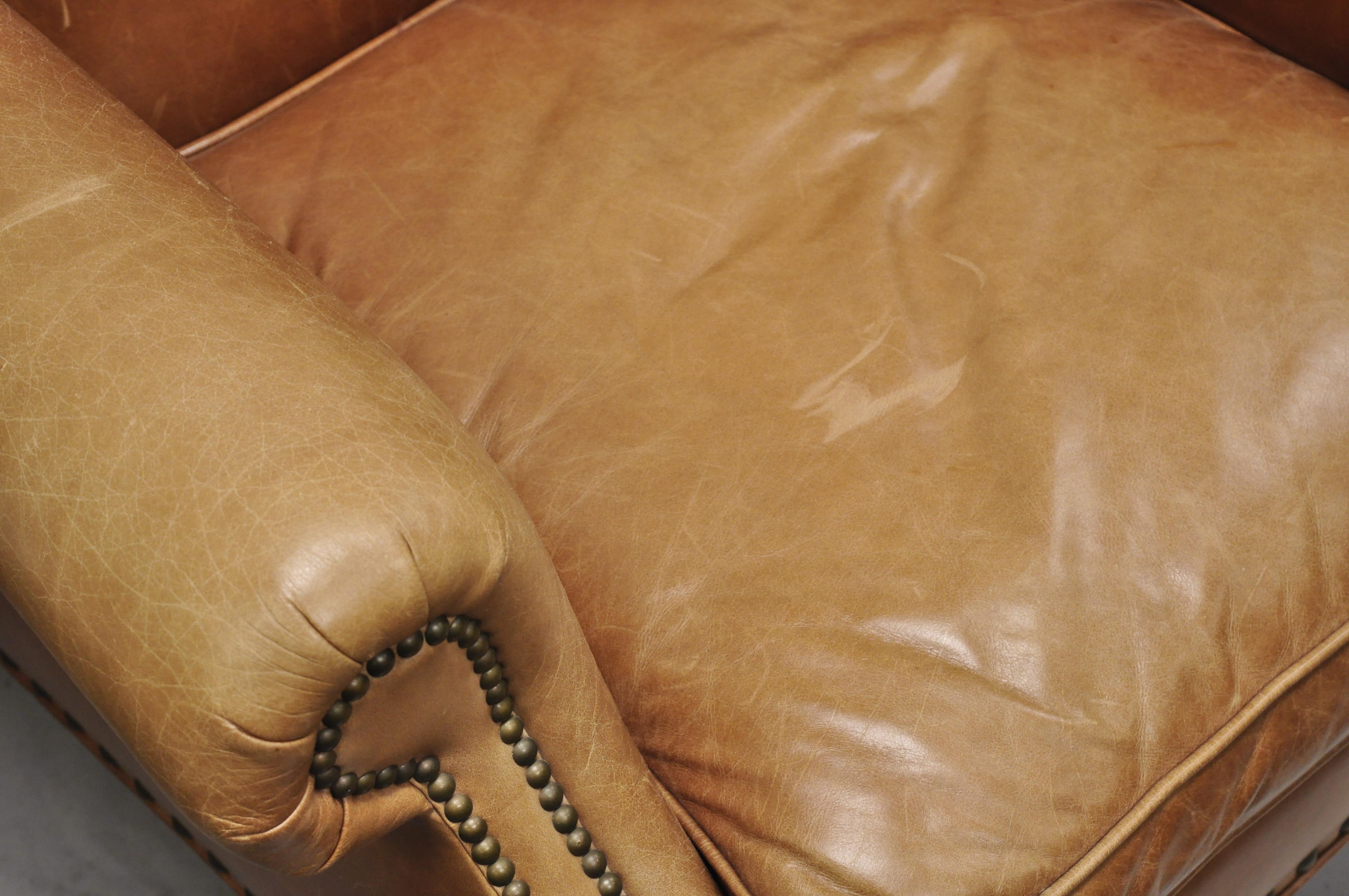 North American McKinley Leather English Regency Cigar Camel Leather Club Lounge Chair & Ottoman