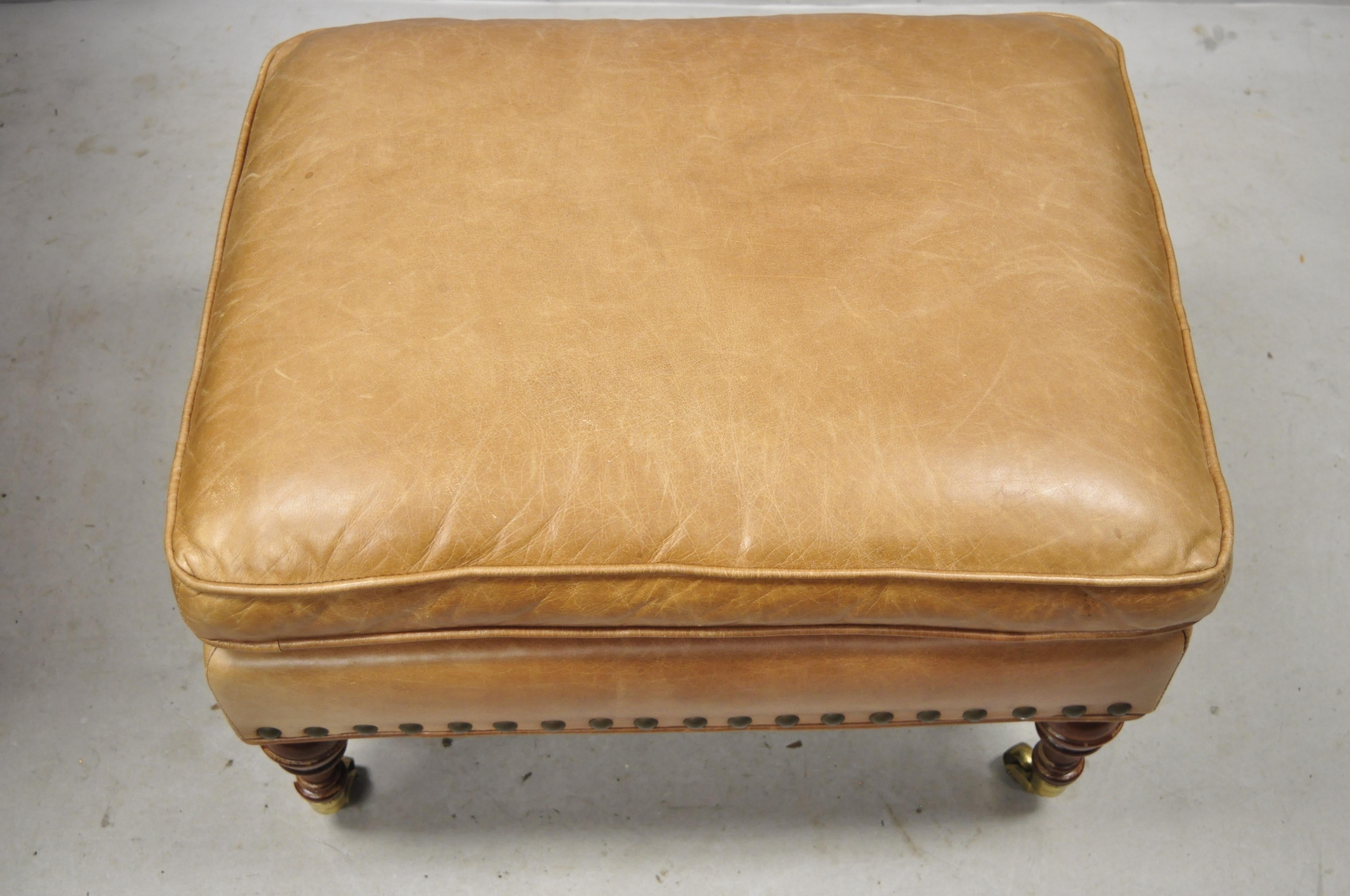 McKinley Leather English Regency Cigar Camel Leather Club Lounge Chair & Ottoman In Good Condition In Philadelphia, PA
