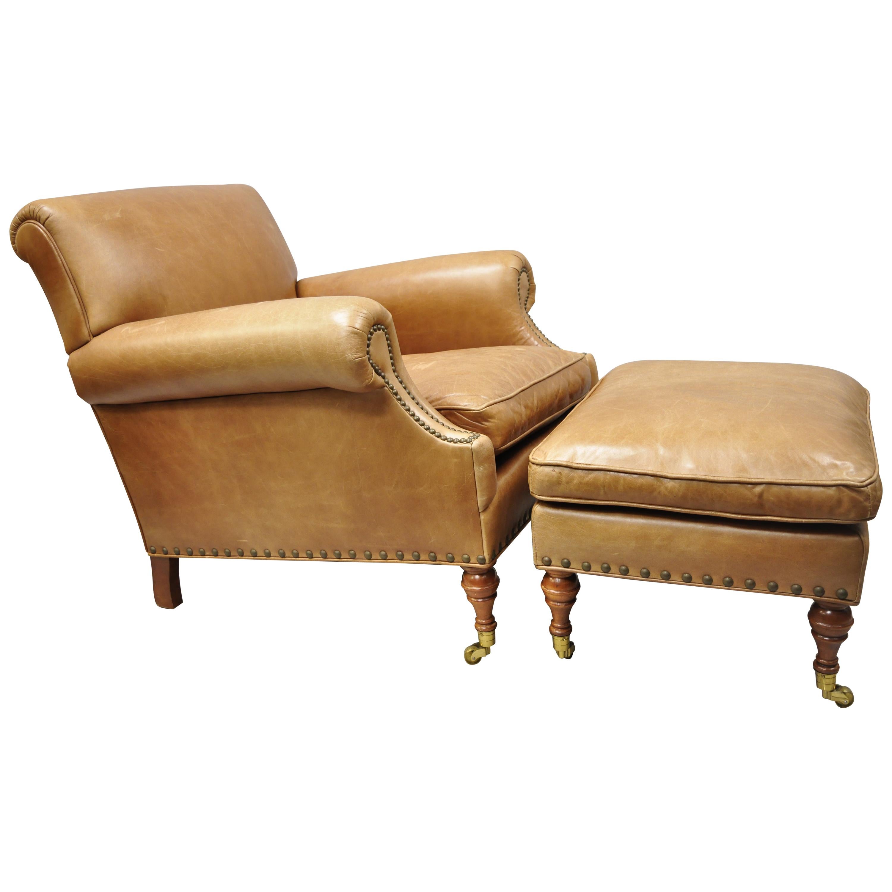 McKinley Leather English Regency Cigar Camel Leather Club Lounge Chair & Ottoman
