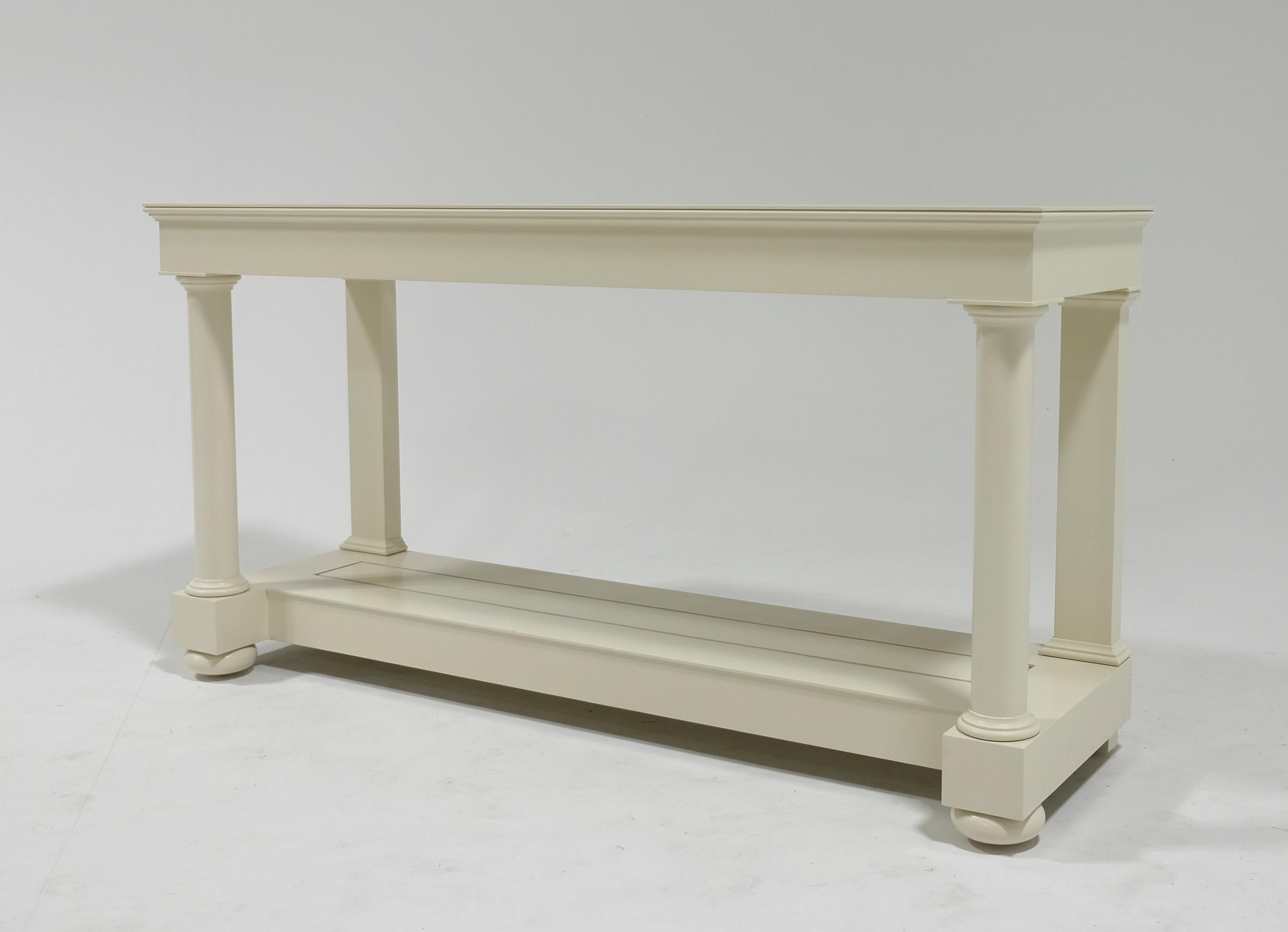 McKinnon and Harris Spotswood Pier Table with Adams Big Top in Wicomico White finish. High performance outdoor aluminum furniture for estate, garden, and yacht. This piece takes garden entertaining to another level. Classical columns and pilasters