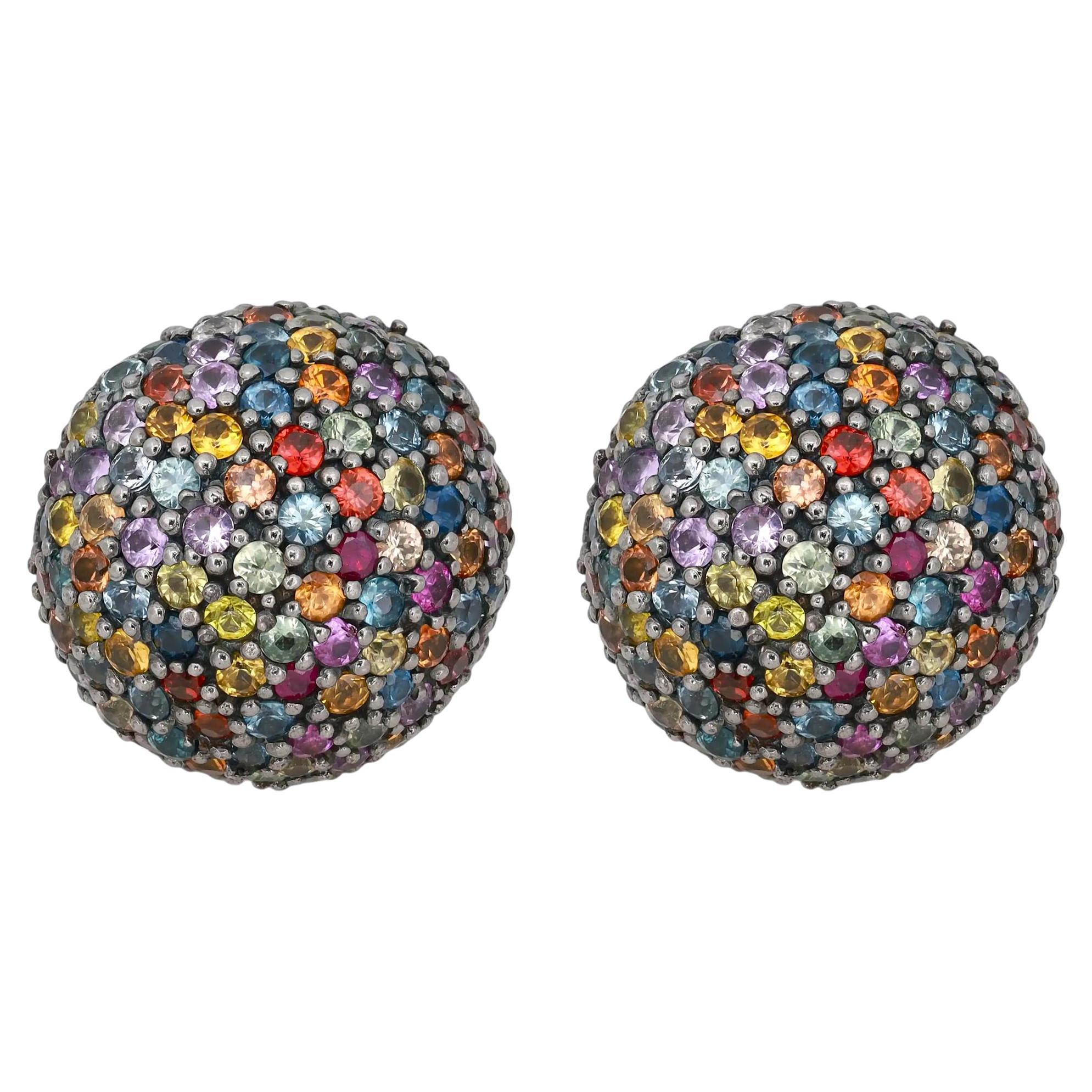 MCL Round Multi Colored Sapphires Stud Earrings 925 Sterling Silver For Sale