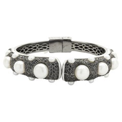 MCL Sterling Silver White Enamel, Pearl, and Black Spinel Bangle Bracelet