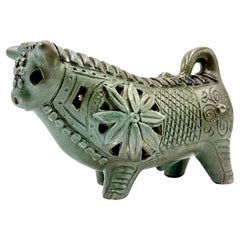 McLaren Pottery (Australia) Vintage 1960s 11.5" Ceramic Bull, in Green Grey