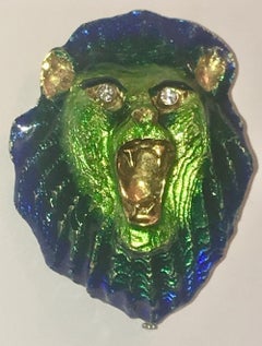 MCM 18 Karat Gold Enamel Lion Head Pin with Diamond Eyes Brooch