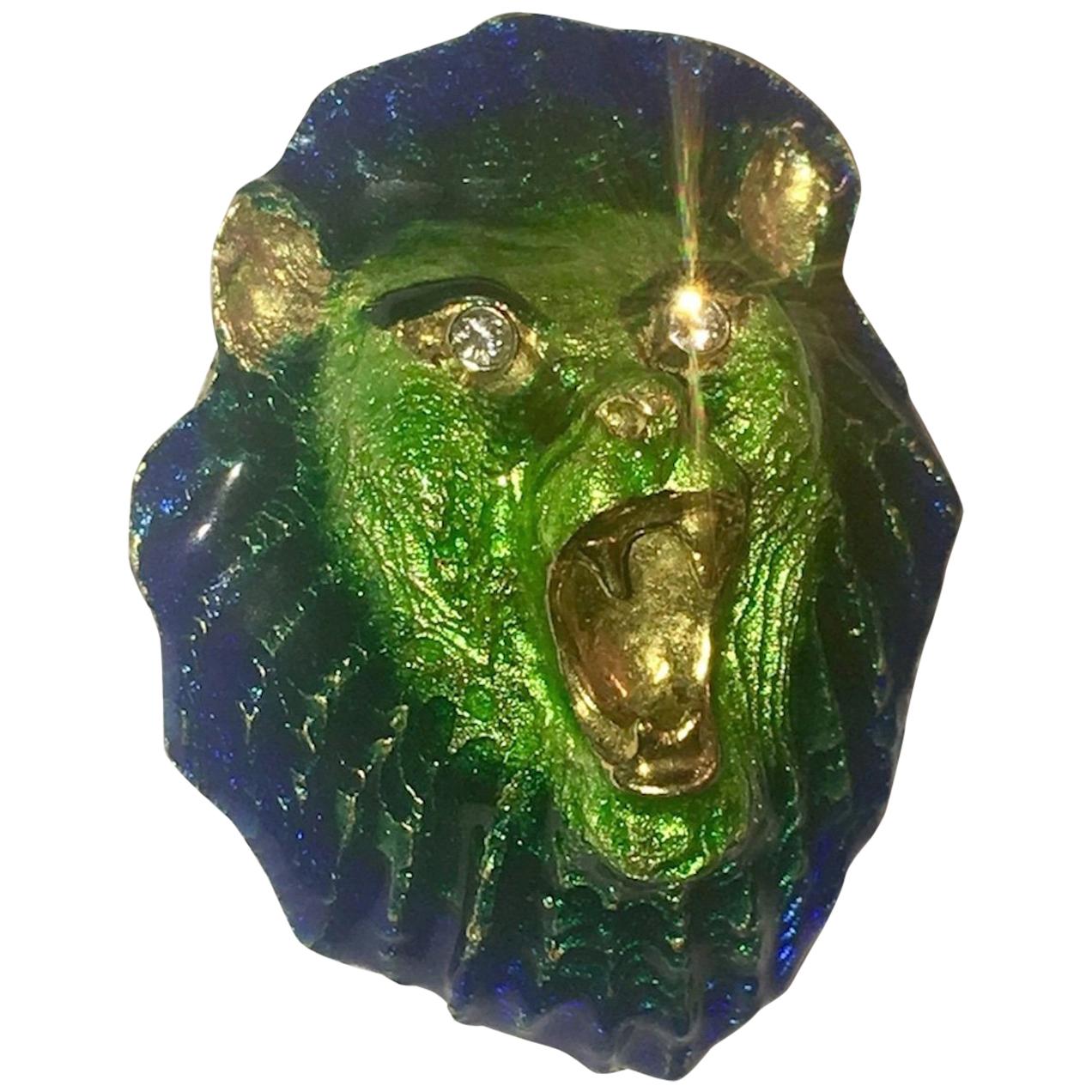MCM 18 Karat Gold Enamel Lion Head Pin with Diamond Eyes Brooch For Sale