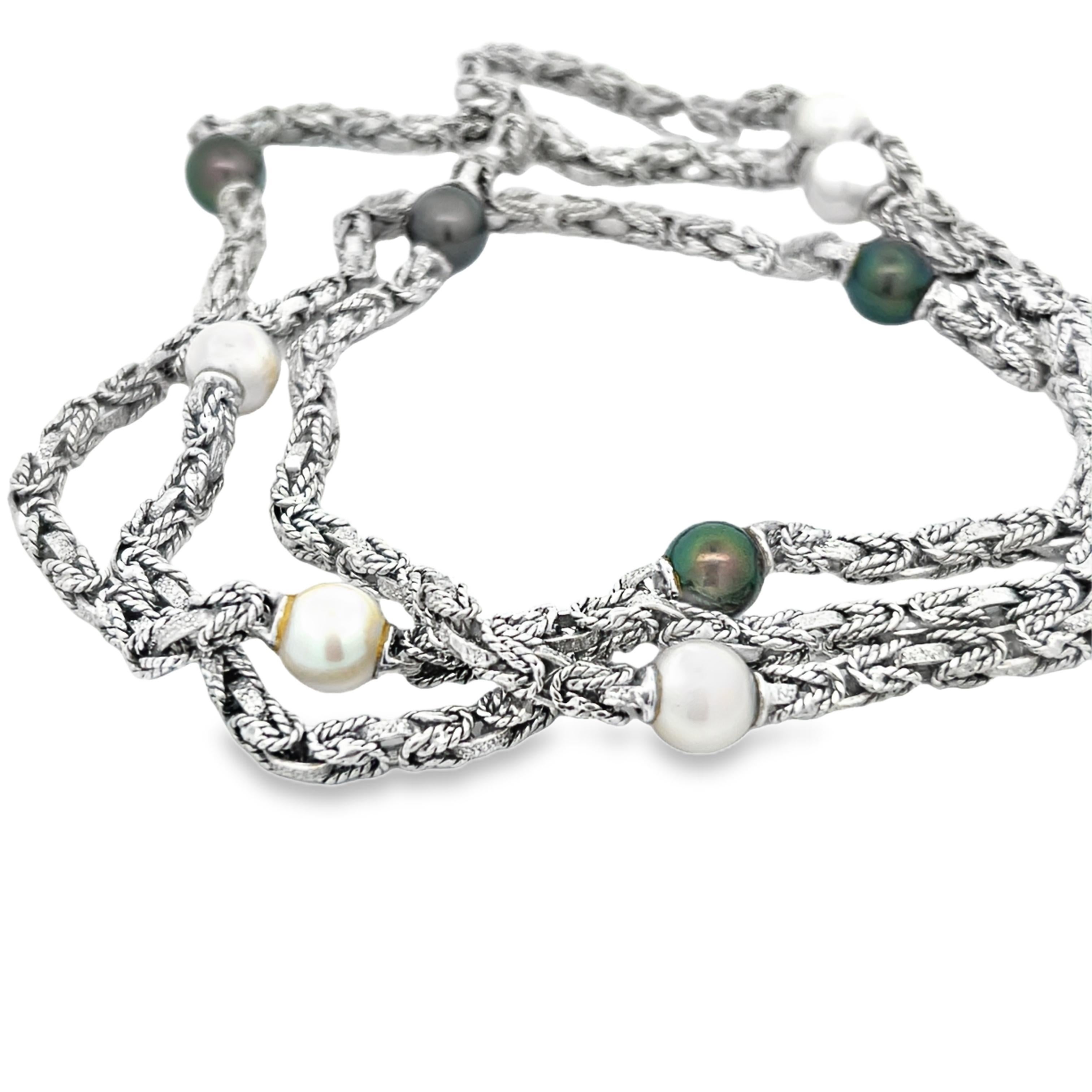 Byzantine MCM 18k White Gold Akoya and Tahitian Long Pearl Necklace For Sale