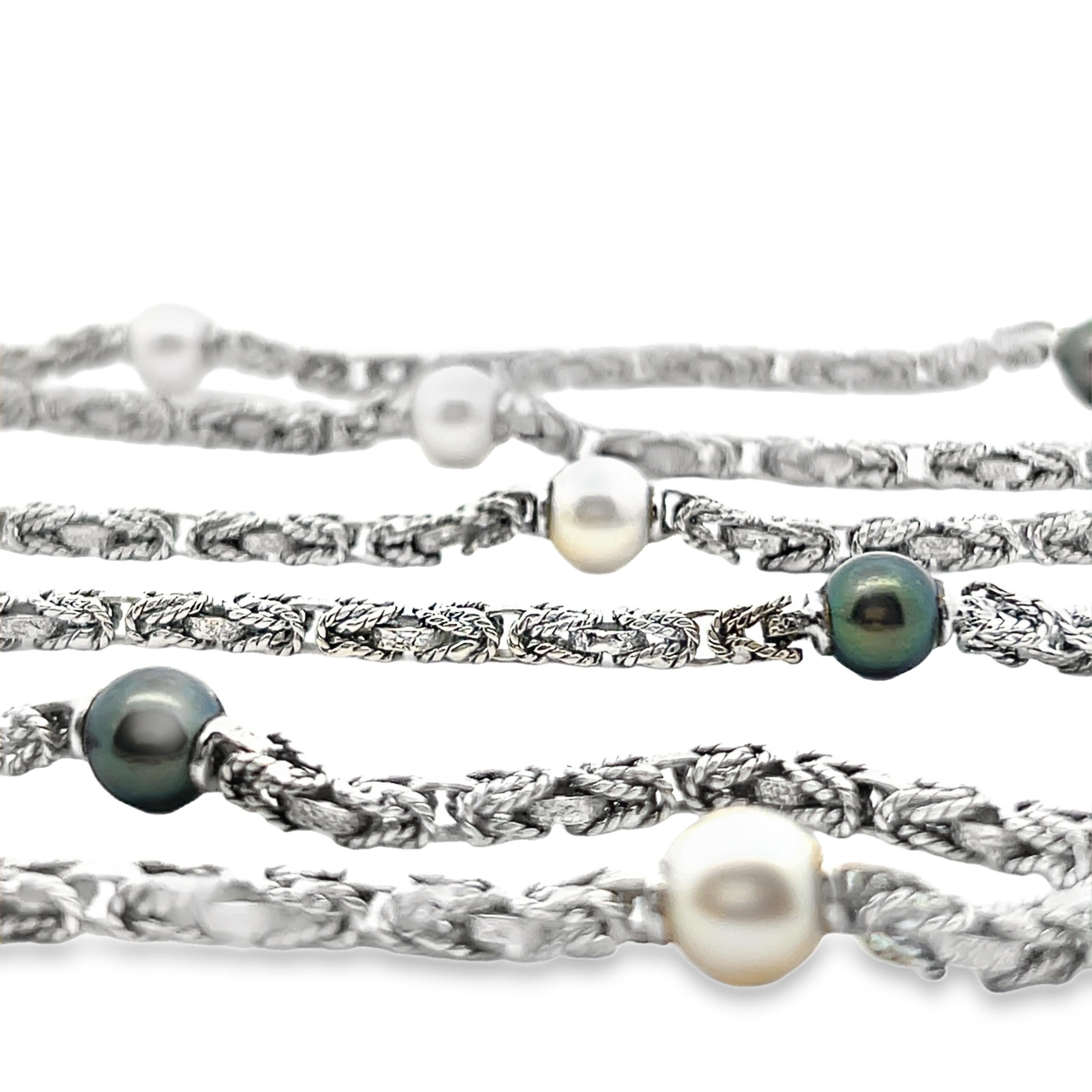 Round Cut MCM 18k White Gold Akoya and Tahitian Long Pearl Necklace For Sale
