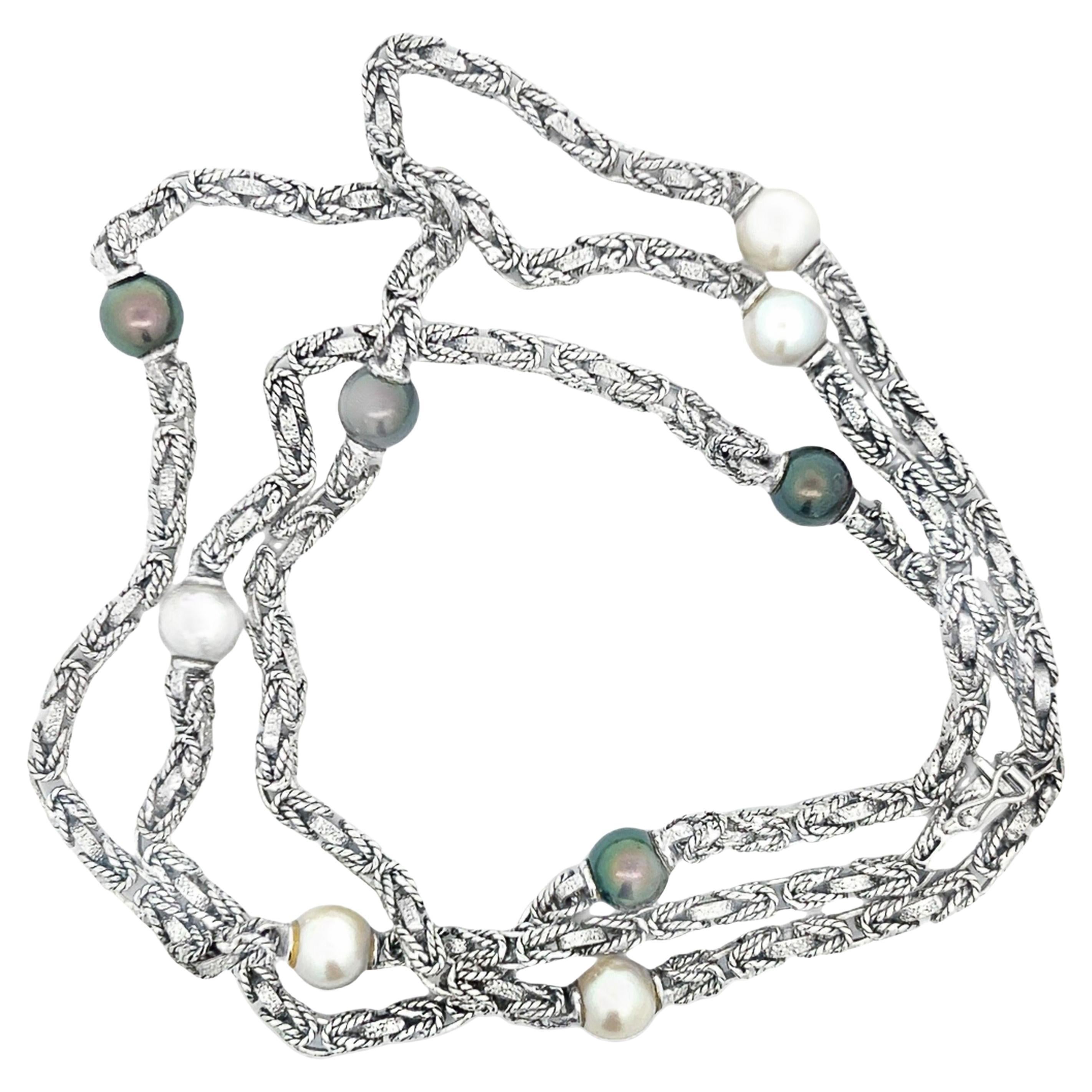 MCM 18k White Gold Akoya and Tahitian Long Pearl Necklace For Sale