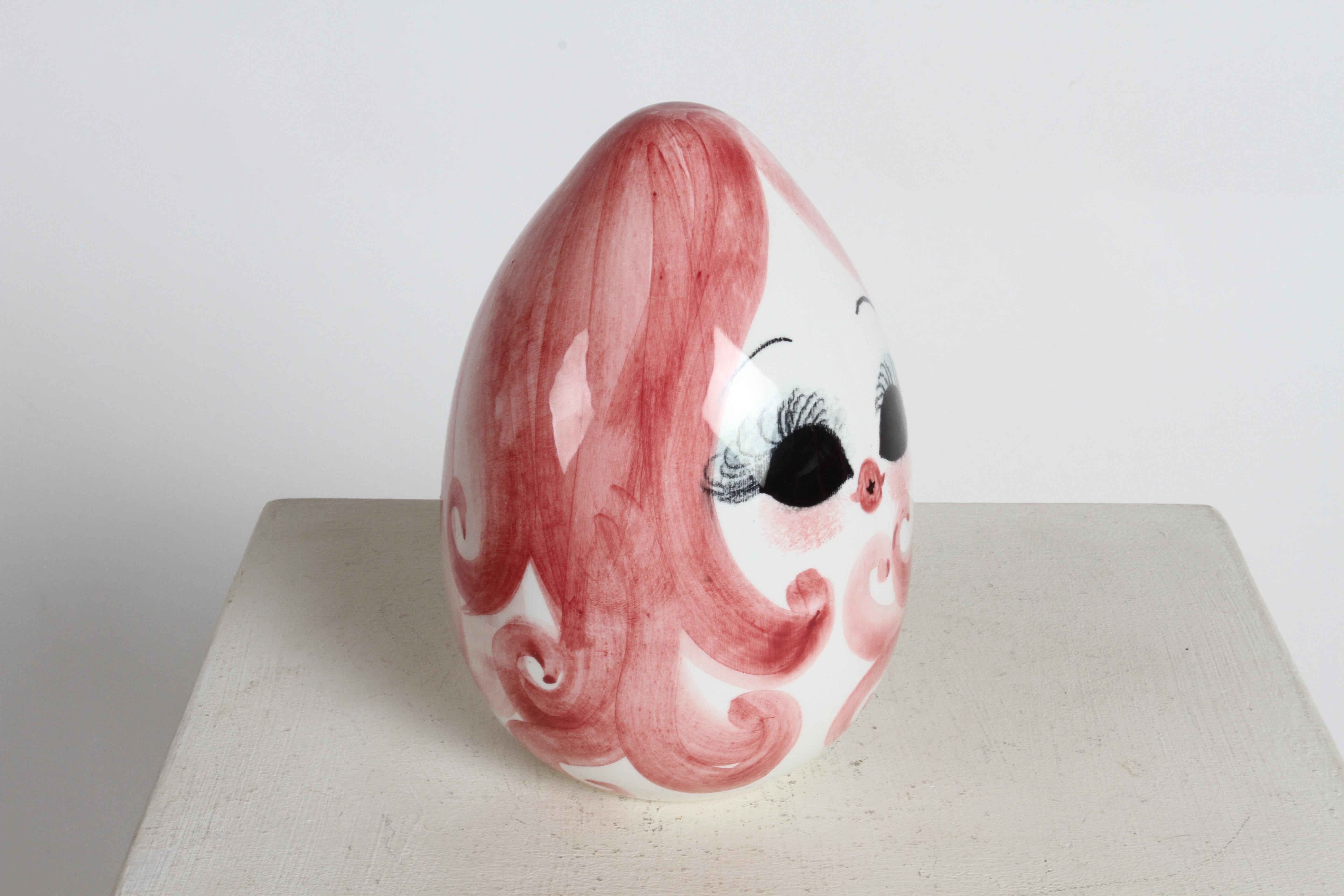 Mid-Century Modern MCM 1960s Italian Hand Painted Female Head on Ceramic Egg Form Piggy Bank  For Sale