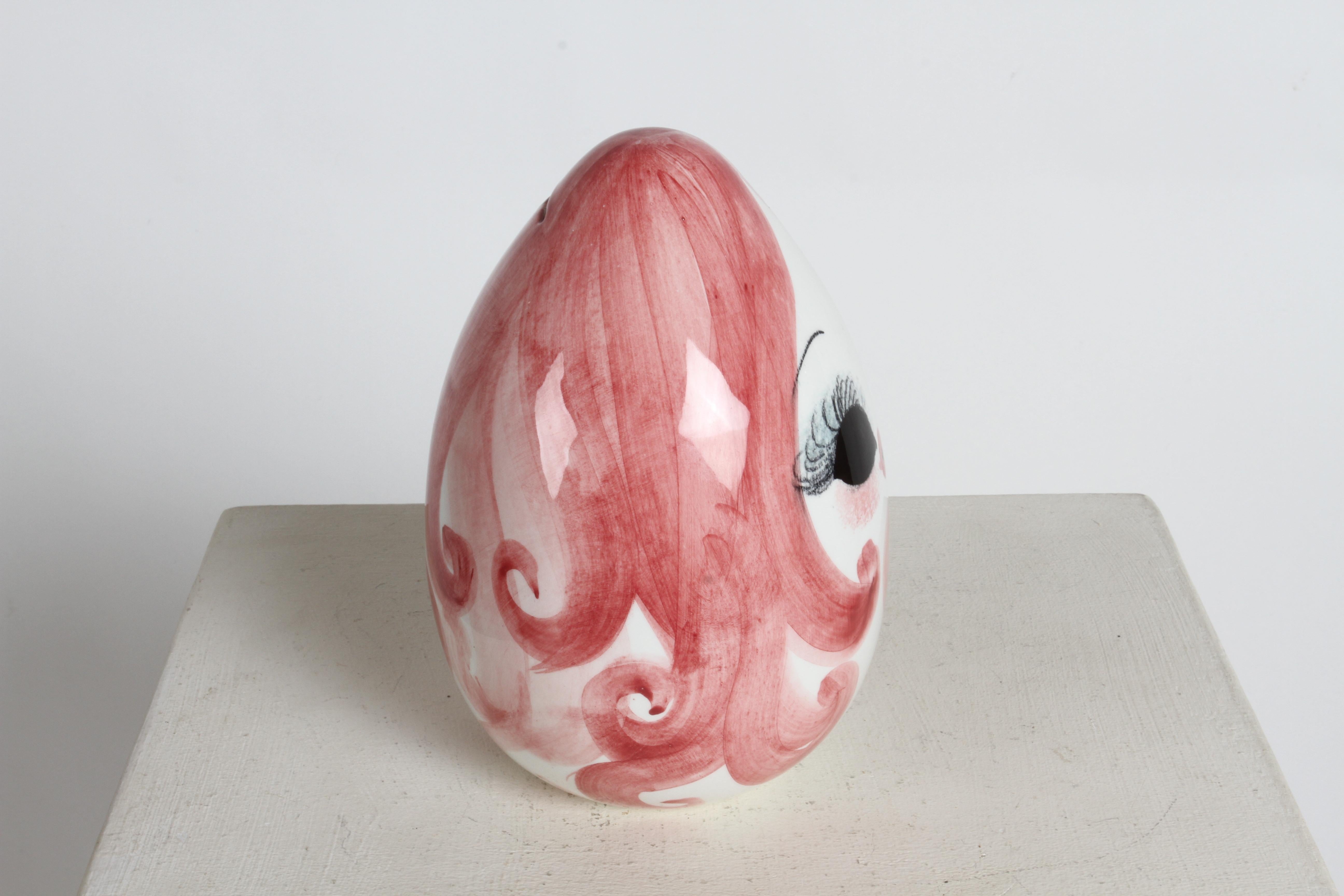 MCM 1960s Italian Hand Painted Female Head on Ceramic Egg Form Piggy Bank  In Good Condition For Sale In St. Louis, MO