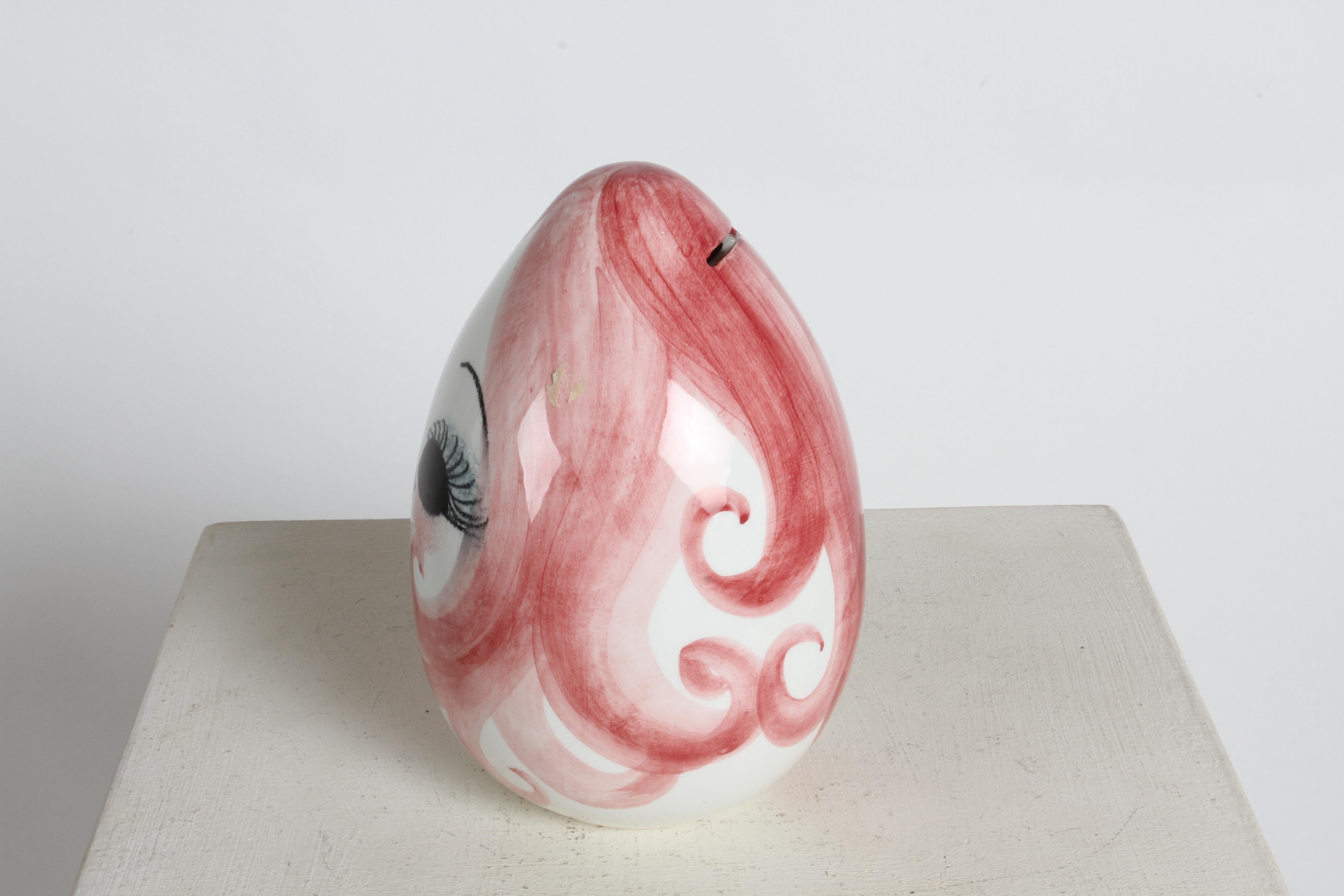 MCM 1960s Italian Hand Painted Female Head on Ceramic Egg Form Piggy Bank  1