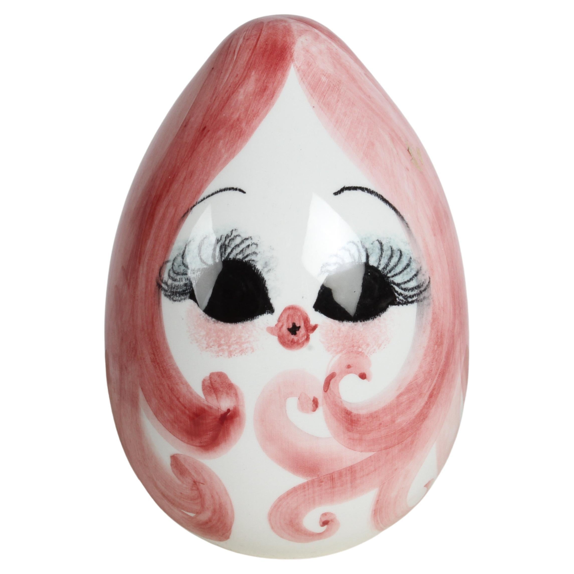MCM 1960s Italian Hand Painted Female Head on Ceramic Egg Form Piggy Bank  For Sale