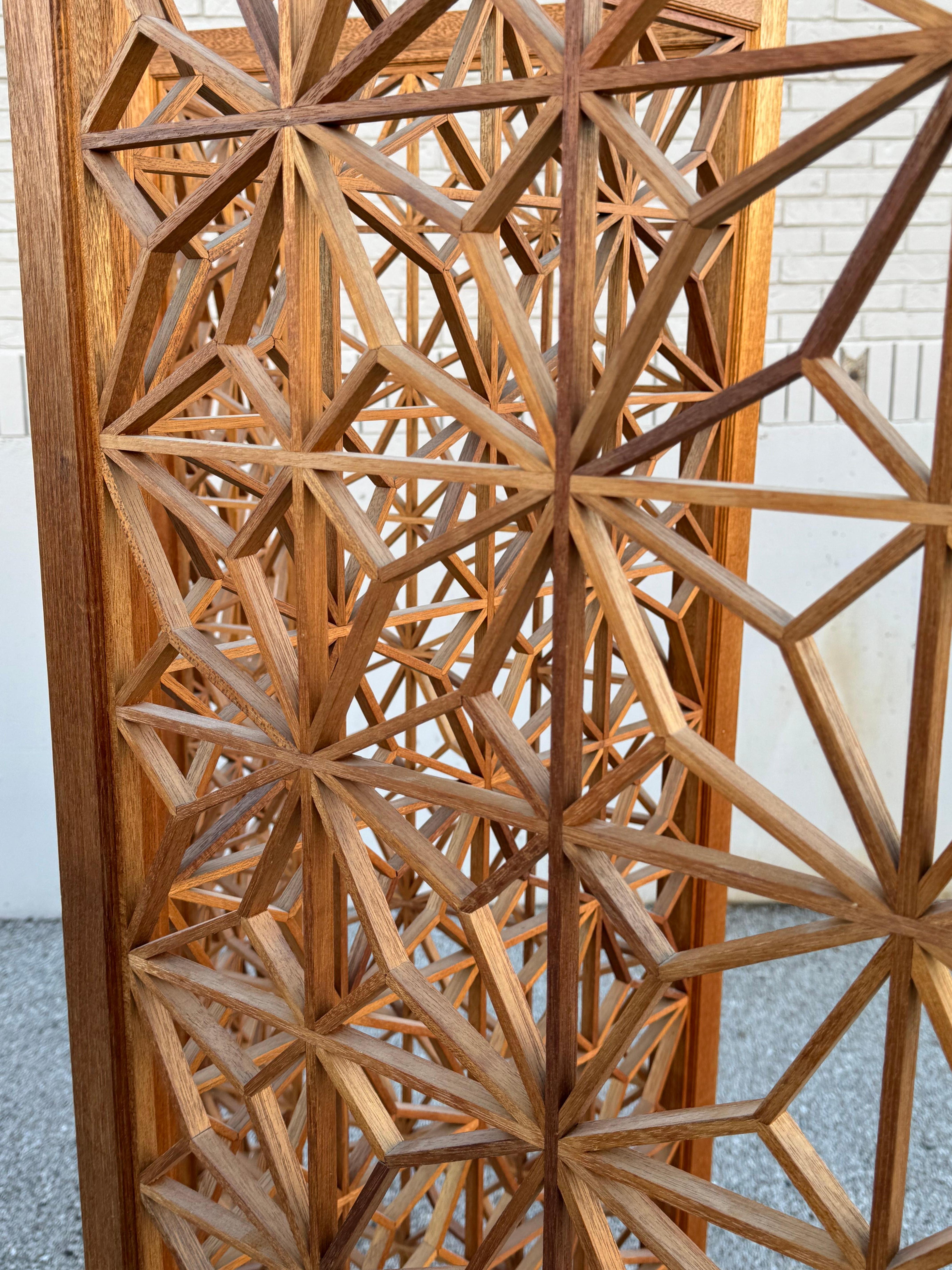 MCM 1960s Kumiko Sunflower Geometric Pattern 4 Panel Teak Screen - Room Divider (Séparateur de pièce) en vente 8