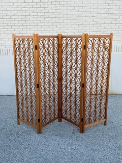 MCM 1960s Kumiko Hemp Leaf Geometric Pattern 4 Panel Teak Screen - Room Divider
