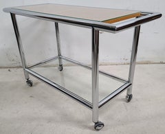MCM 1970s Chrome Wicker Glass Rolling Bar Serving Cart
