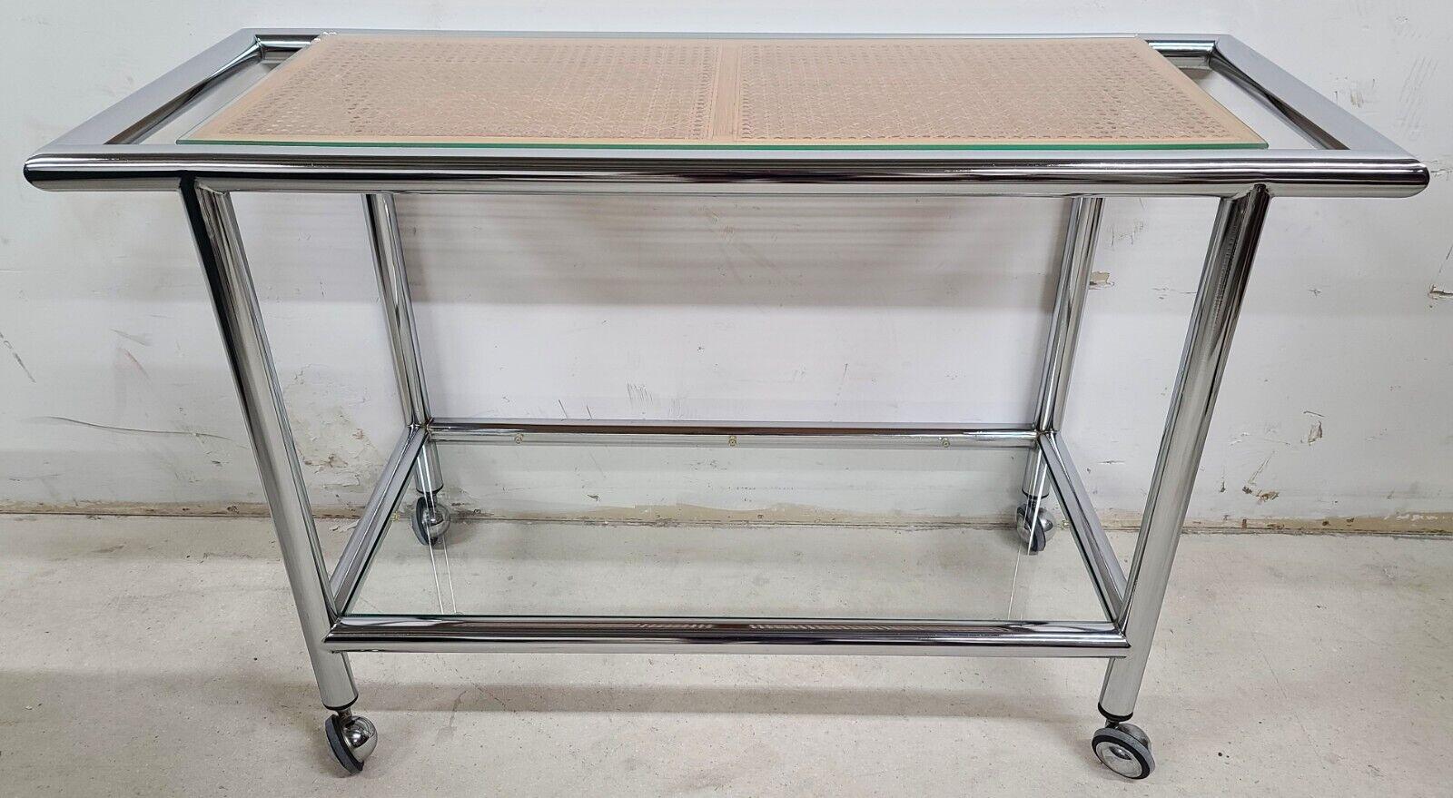Mid-Century Modern MCM 1970s Chrome Wicker Glass Rolling Bar Serving Cart For Sale