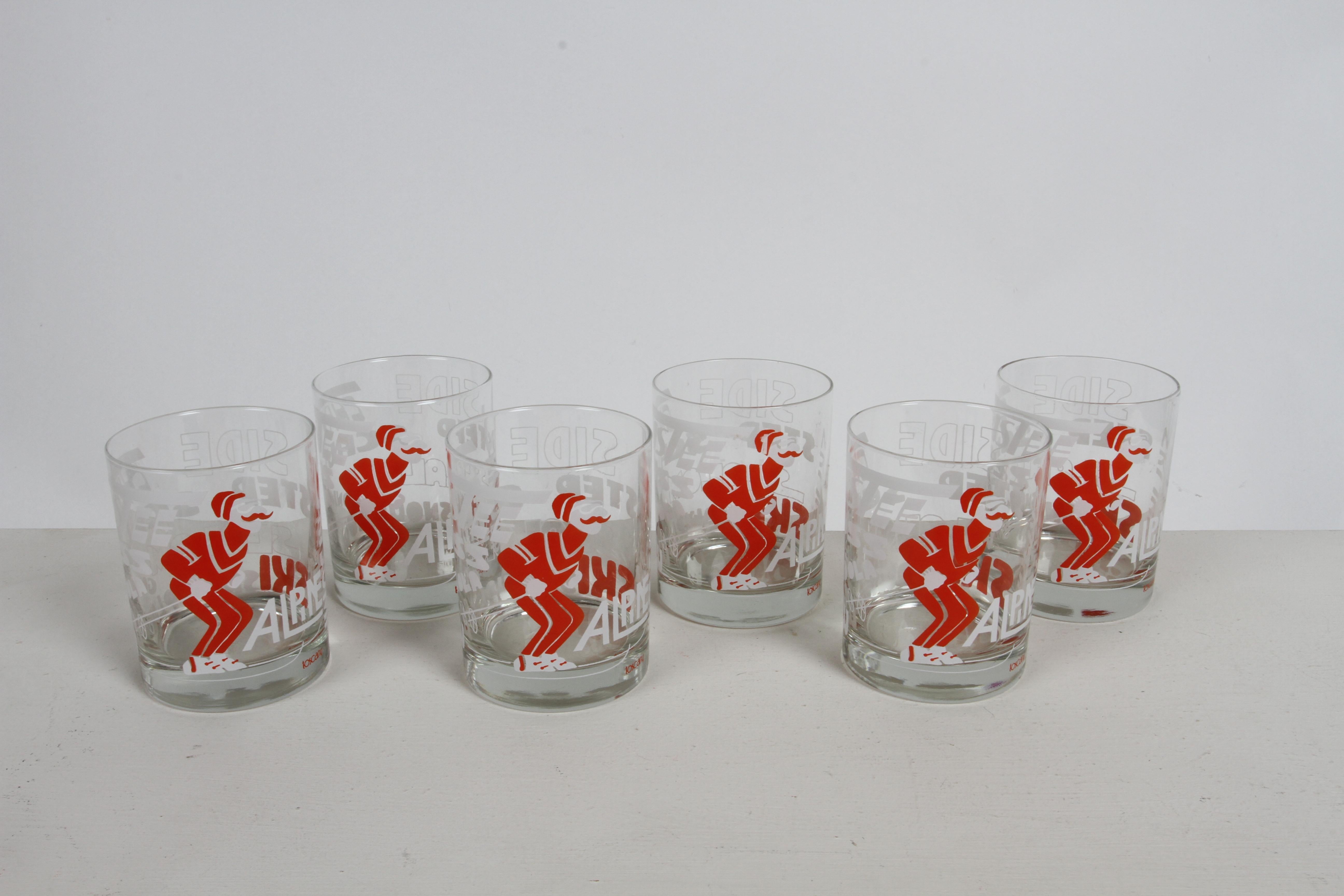 MCM 1970s Set of 6 Toscany Ski - Winter - Snow Theme Printed Bar Rocks Glasses For Sale 9