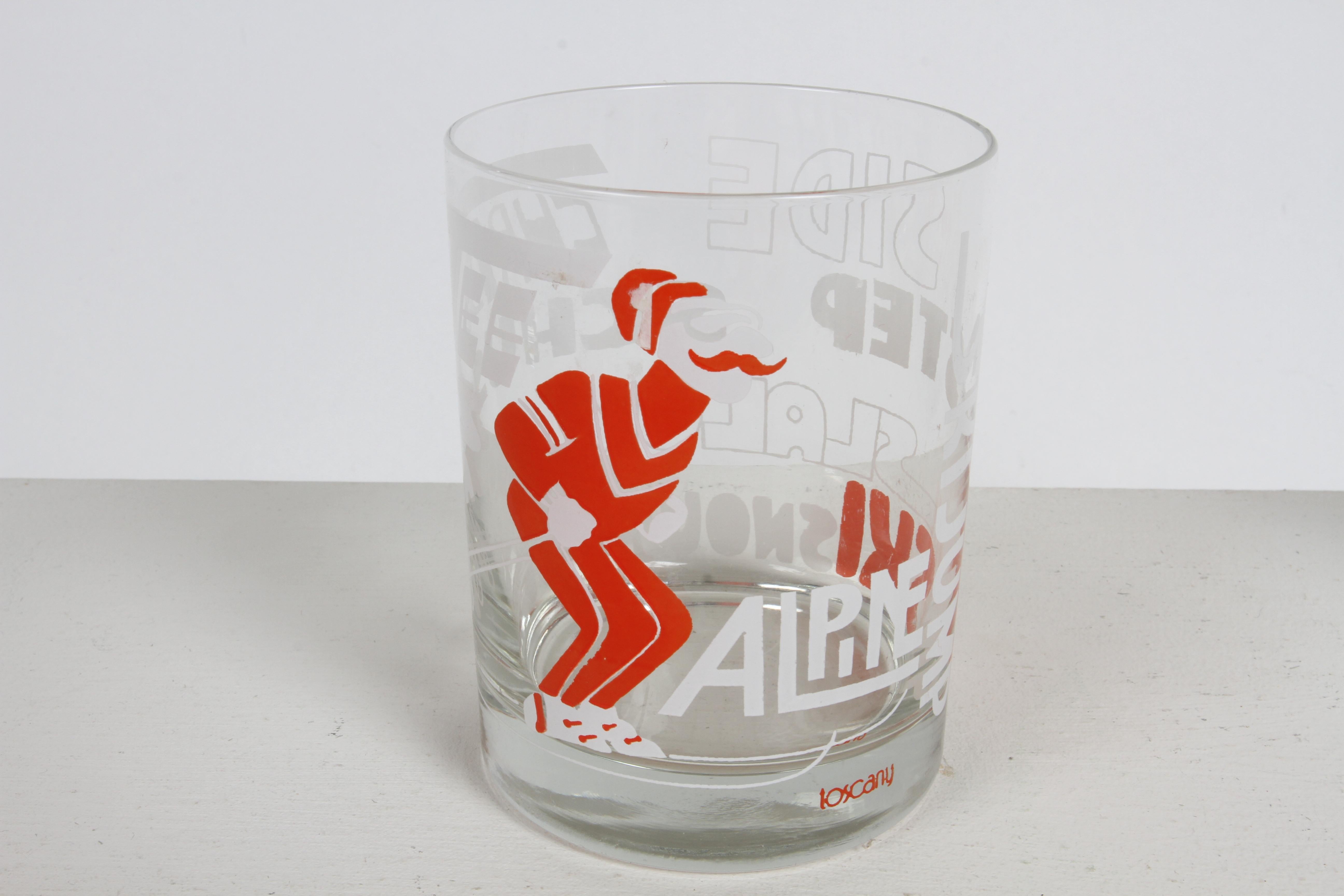Mid-Century Modern MCM 1970s Set of 6 Toscany Ski - Winter - Snow Theme Printed Bar Rocks Glasses For Sale