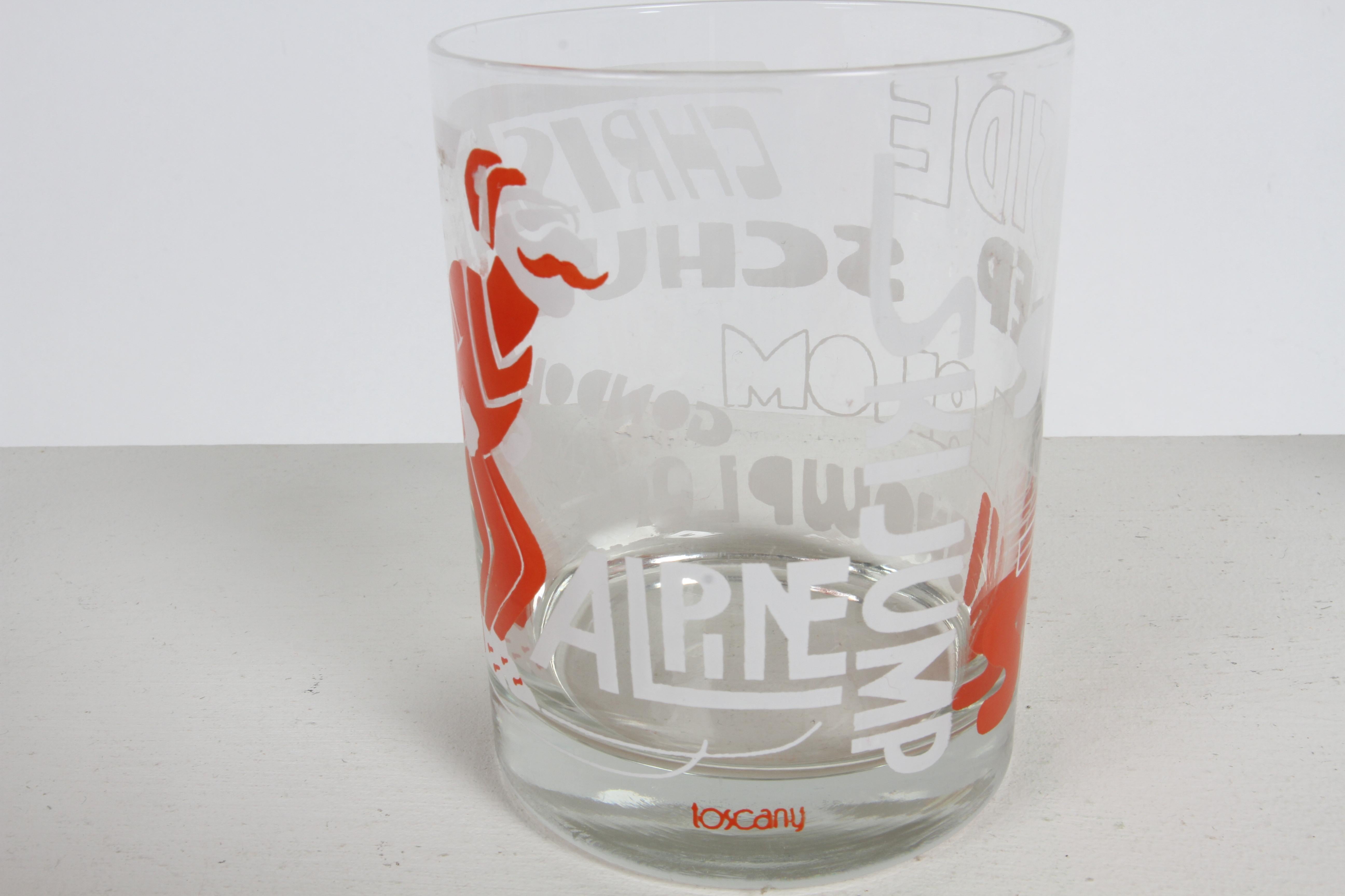 American MCM 1970s Set of 6 Toscany Ski - Winter - Snow Theme Printed Bar Rocks Glasses For Sale
