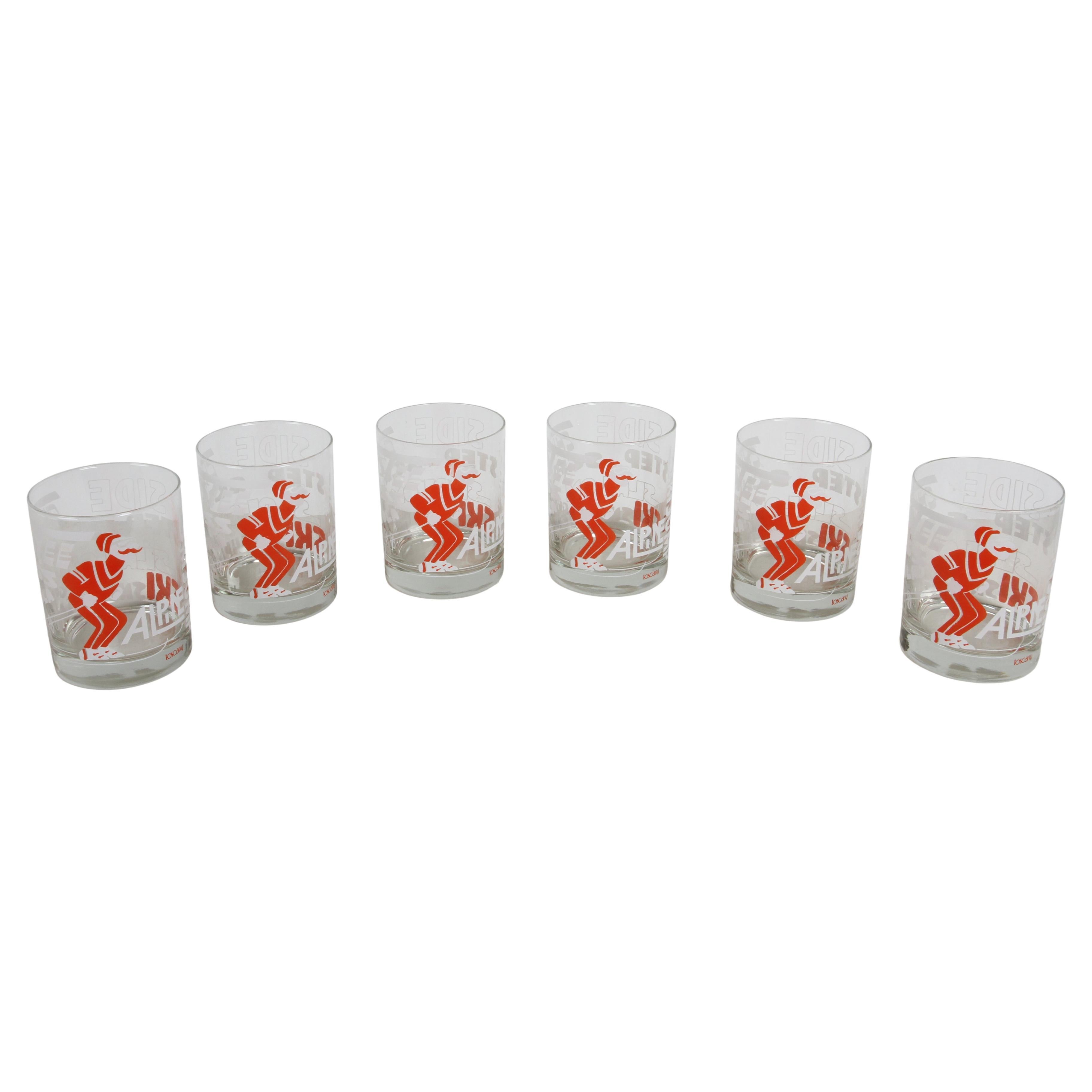 MCM 1970s Juego de 6 Vasos Toscany Ski - Winter - Snow Theme Printed Bar Rocks Glasses