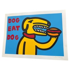 MCM 20th century block print painting "Dog eat Dog" dog eating hot dog signed