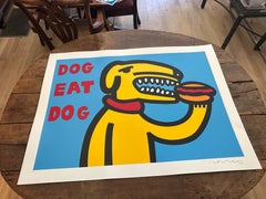 MCM 20th century block print painting "Dog eat Dog" dog eating hot dog signed