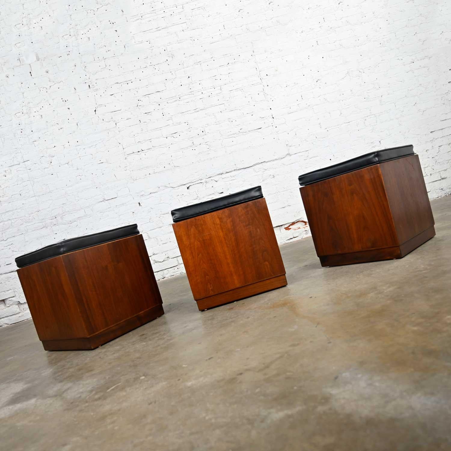 MCM 3 Walnut Cube Stools Black Upholstered Tops Jack Cartwright for Founders For Sale 1