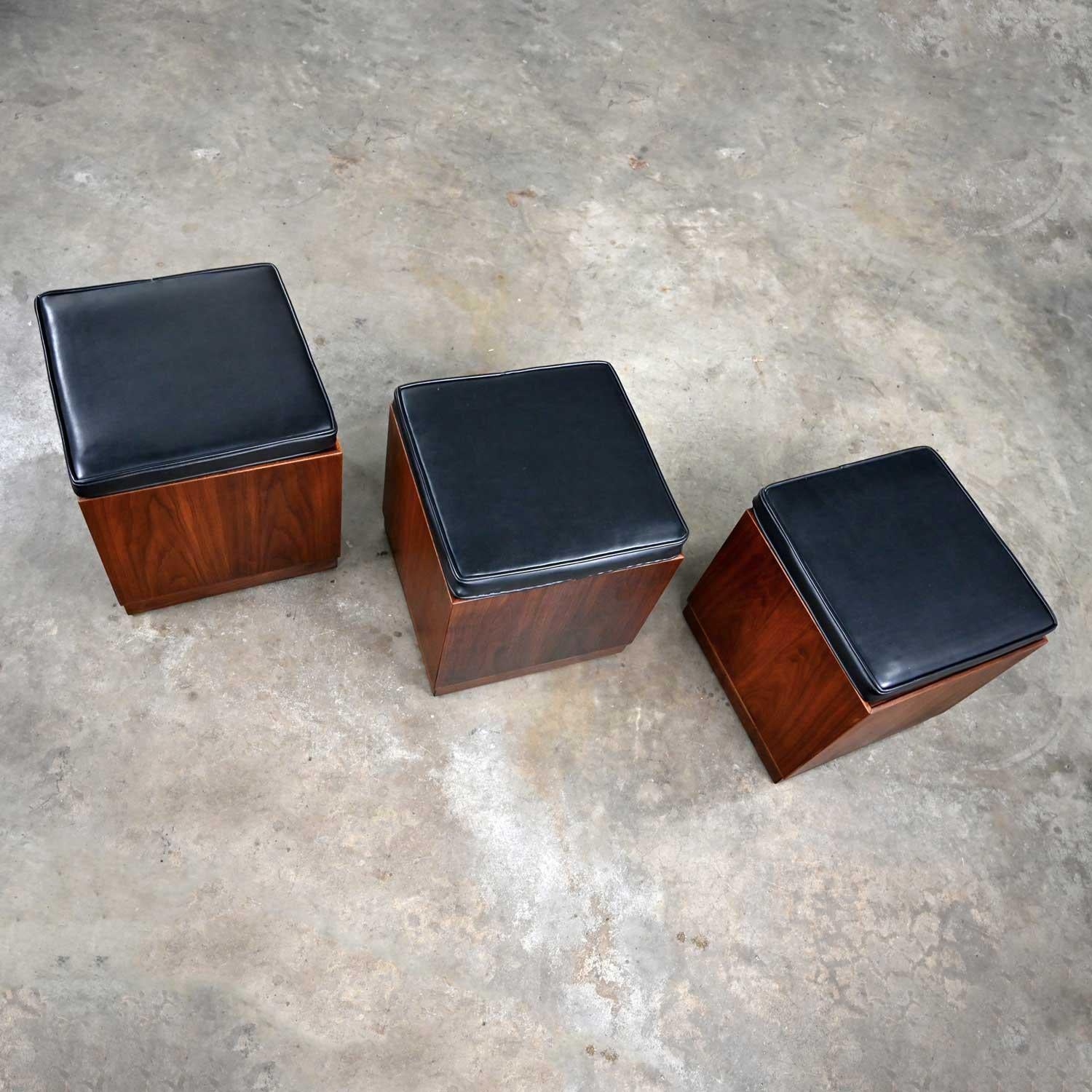 Mid-Century Modern MCM 3 Walnut Cube Stools Black Upholstered Tops Jack Cartwright for Founders