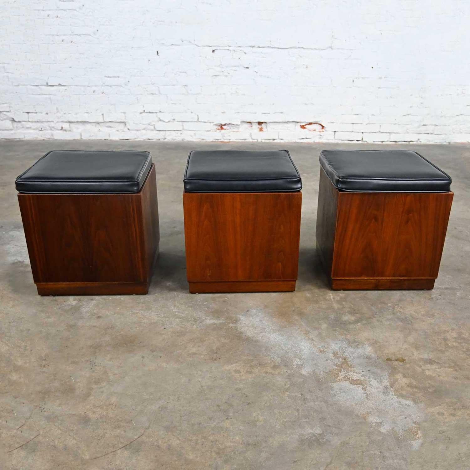 20th Century MCM 3 Walnut Cube Stools Black Upholstered Tops Jack Cartwright for Founders