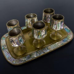 MCM 6 Cordial Stemmed Shots and Tray Set Abalone and Brass from Taxco Mexico