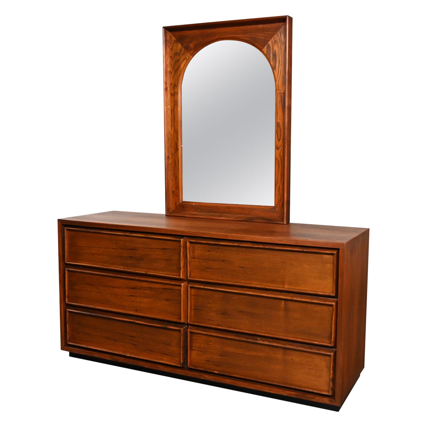 MCM 6 Drawer Dresser Framed Arch Mirror by Dillingham Walnut & Pecky Cypress