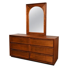 MCM 6 Drawer Dresser Framed Arch Mirror by Dillingham Walnut & Pecky Cypress