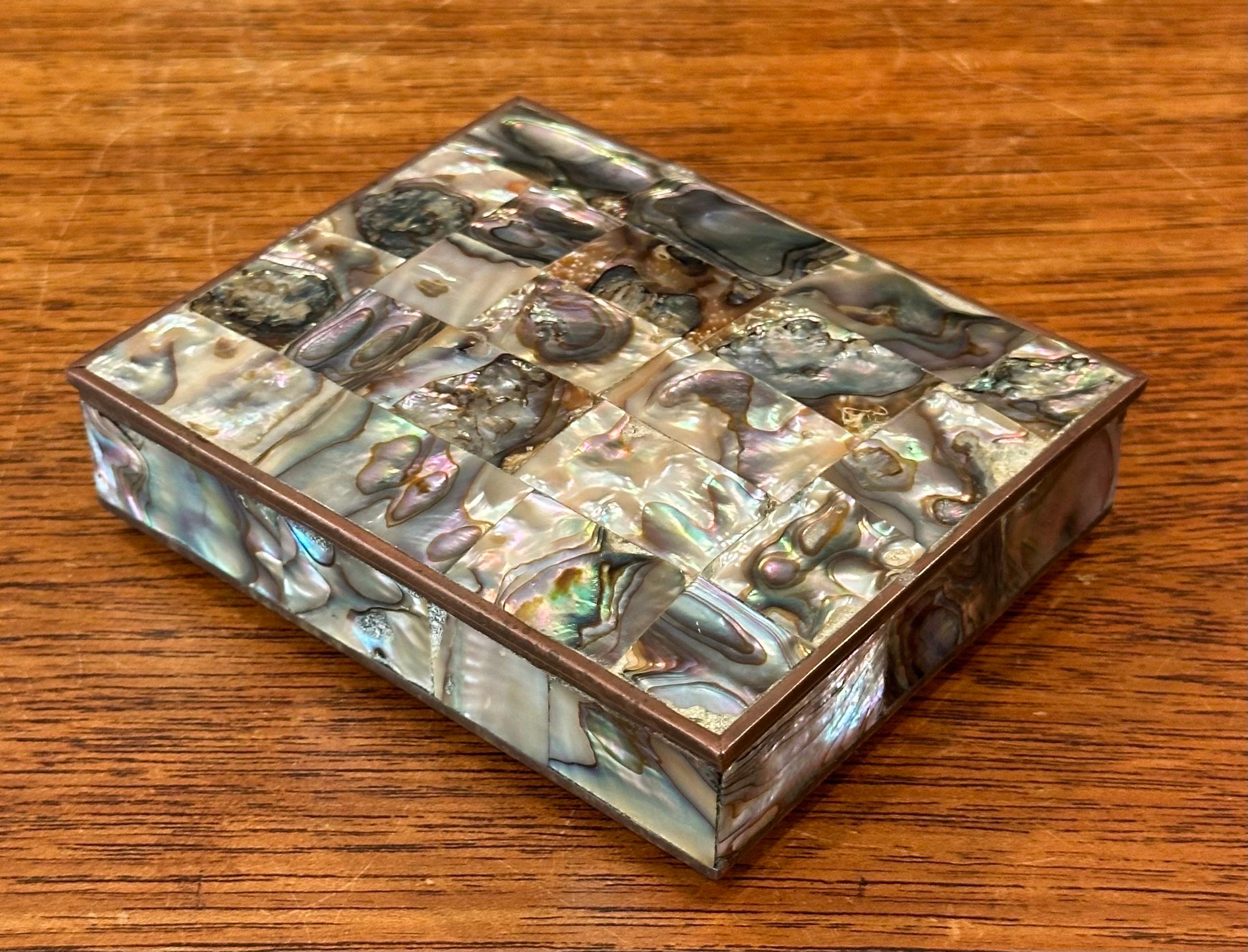 20th Century MCM Abalone Shell and Brass Lidded Trinket Box in the Style of Los Castillios For Sale