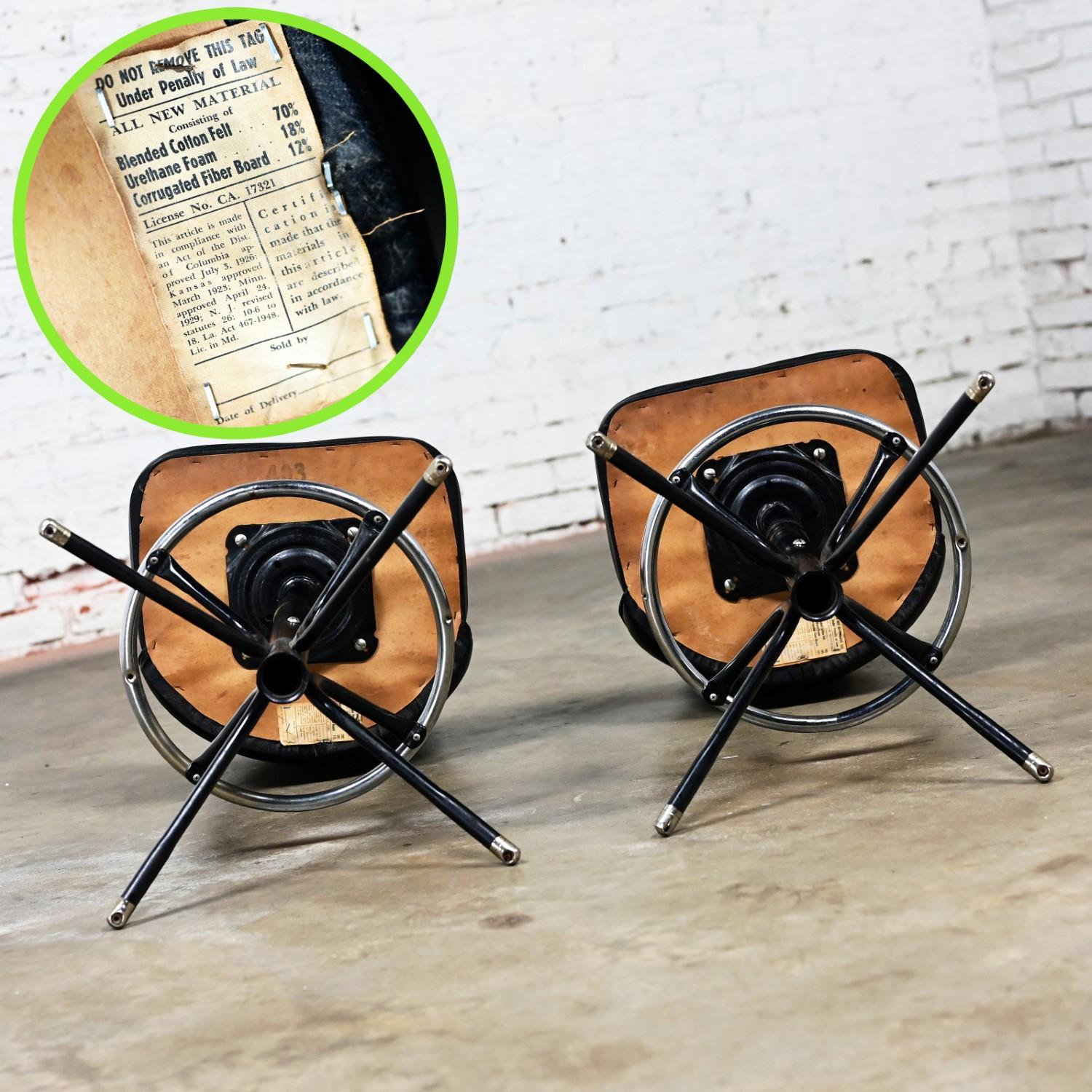 MCM Adjustable Swivel Barstools Black Vinyl Chrome & Black Painted Steel a Pair For Sale 3