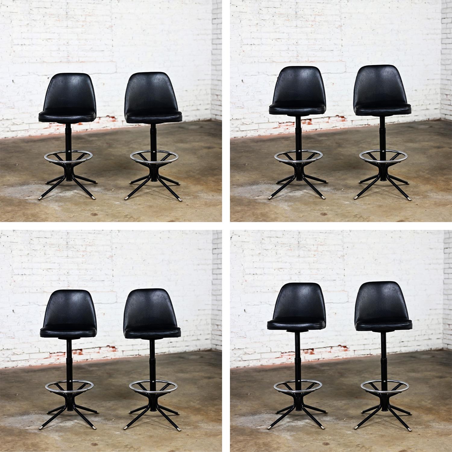 MCM Adjustable Swivel Barstools Black Vinyl Chrome & Black Painted Steel a Pair For Sale 6