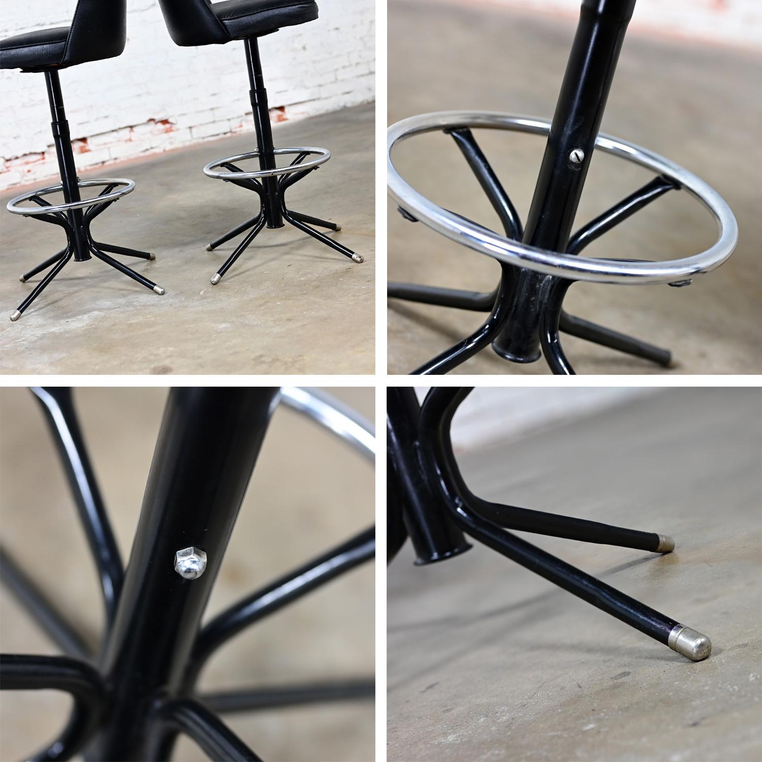 MCM Adjustable Swivel Barstools Black Vinyl Chrome & Black Painted Steel a Pair For Sale 7
