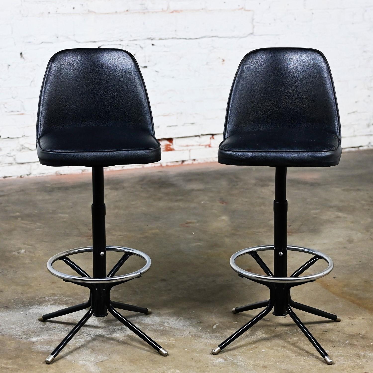 MCM Adjustable Swivel Barstools Black Vinyl Chrome & Black Painted Steel a Pair For Sale 10